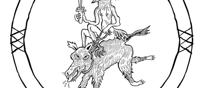 dibuix d'un animal empunyant una espasa muntant un altre animal