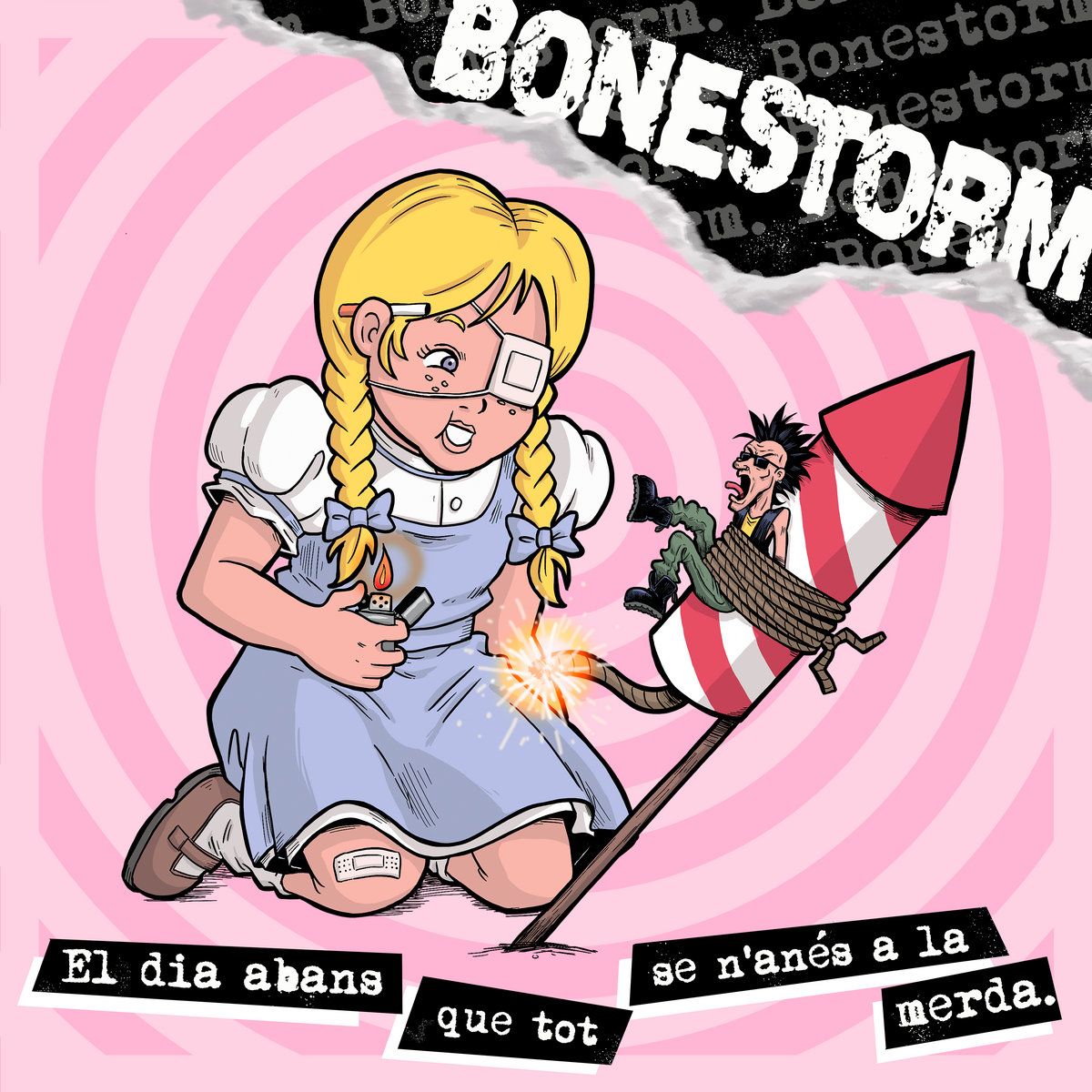 dibuix d'una nena jugant amb un petardo que hi té un punk lligat