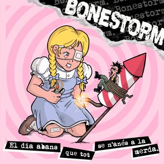 dibuix d'una nena jugant amb un petardo que hi té un punk lligat